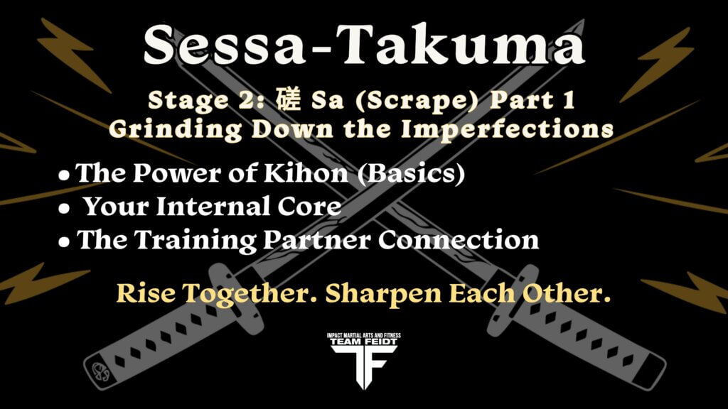 Foundational character development infographic for Stage 2, Part 1 of 3 of the Sessa-Takuma series at Impact Martial Arts. Set on a dark background with crossed samurai katana swords and gold lightning bolts, the text reads: "Sessa-Takuma. Stage 2: 磋 Sa (Scrape) Part 1 — Grinding Down the Imperfections." Bullet points list: "The Power of Kihon (Basics)," "Your Internal Core," and "The Training Partner Connection." Includes the team mantra "Rise Together. Sharpen Each Other." and the official Impact Martial Arts and Fitness Team Feidt logo at the bottom.