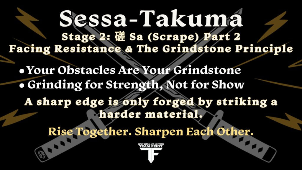 Infographic outlining Sessa-Takuma Stage 2 Part 2: Facing Resistance and The Grindstone Principle at Impact Martial Arts. Sessa-Takuma Stage 2 Week 2 curriculum graphic from Impact Martial Arts & Fitness in Liverpool, NY. Highlights the concept of Sa or the Scrape, focused on helping children and adult martial artists overcome daily resistance, master basic martial arts techniques, and push past comfort zones to forge personal discipline.